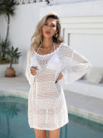 Vestido de punto para mujer, vestido playero con recorte de encaje, manga larga, envoltura de bikini, ropa de verano de ganchillo, túnica corta para nadar - details 13