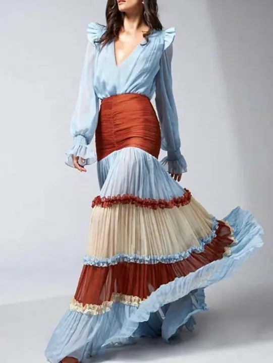 Elegante Vestido de Manga de Lámpara con Cuello en V Moda Dulce de Capas para Mujer en Otoño 2024 - 1