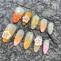 10pcs Uñas Postizas De Estilo Francés Hechas a Mano Con Decoración De Flores Almendradas Y Naranjas Para Verano Uñas Falsas De Resina Para Manicura - details 3