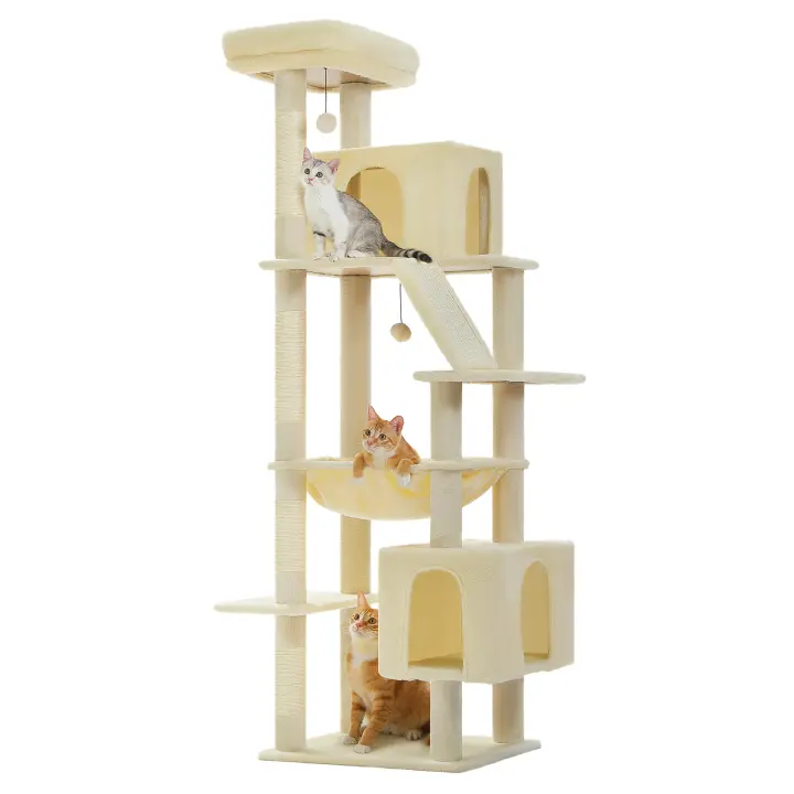 PAWZ Road Árbol para gatos de lujo grande para interiores, torre de gato de felpa de varios niveles con postes rascadores, 2 condominios acogedores, hamaca súper grande, rascadora para gato, juguetes para gatos - 1