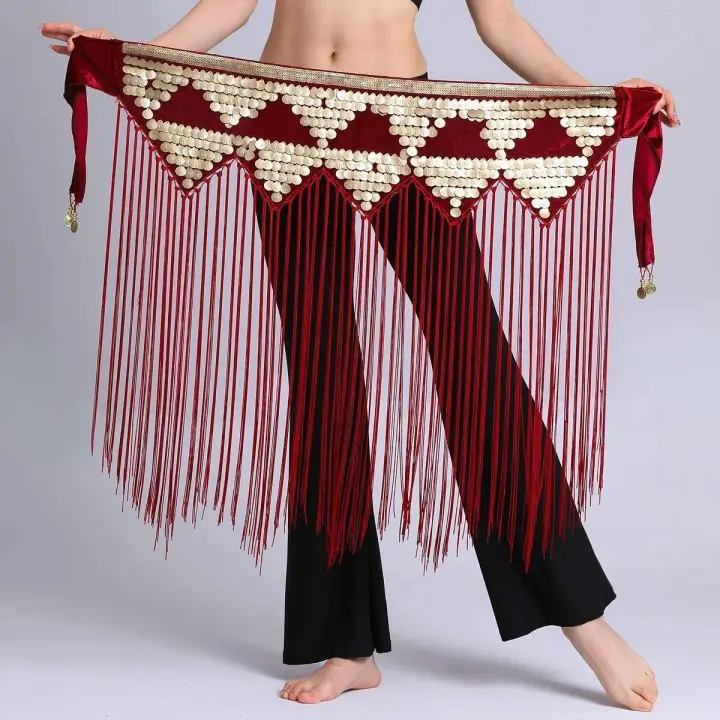 Nueva decoración dinámica de cadena para la cintura del vientre, borla triangular para mujer, danza larga, brillo Oriental, bufanda de práctica negra, caderas - 1
