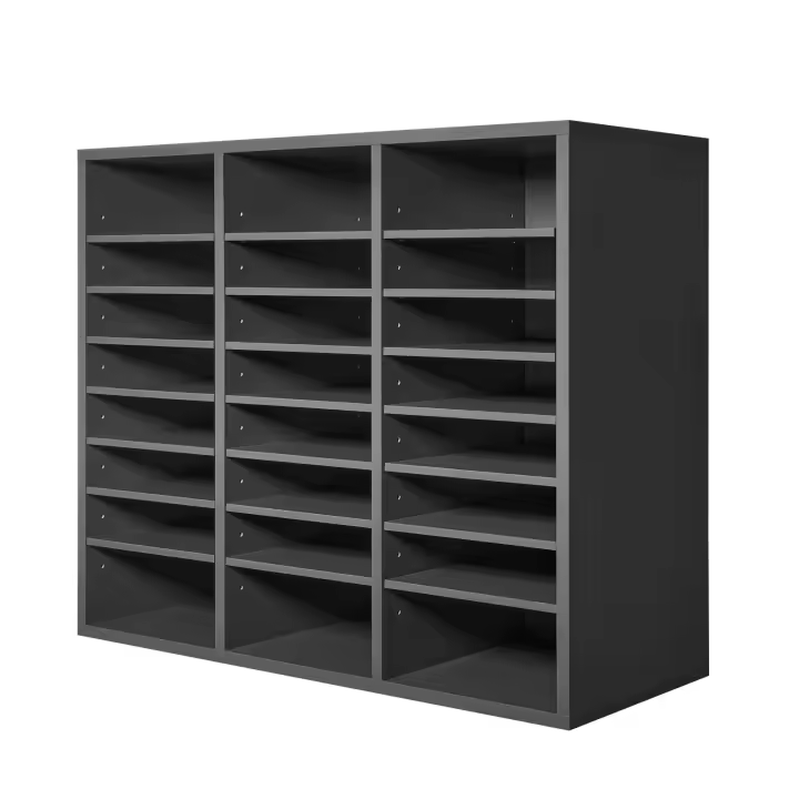 SucceBuy Organizador de literatura, buzón de oficina de 24 compartimentos con estantes ajustables, clasificador de buzón de madera, tablero de fibra de densidad media, oficina, hogar, aula, almacenamiento para archivos, documentos, papeles, gris - 1