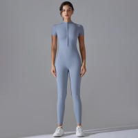 Body de yoga para mujer, ropa moldeadora deportiva de manga corta, traje de gimnasio de una pieza, nailon de color sólido - details 18