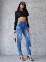 Vaqueros ajustados rotos para mujer, pantalones de oficina únicos con agujeros - details 3