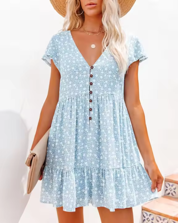 Vestido de mujer con cuello en V y estampado floral para primavera verano, manga regular, suéter ligero y cómodo, material suave. - 1