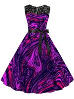 Vestido midi de fiesta elegante de verano con estampado floral, encaje, sin mangas, línea A y cinturón para mujer - details 9