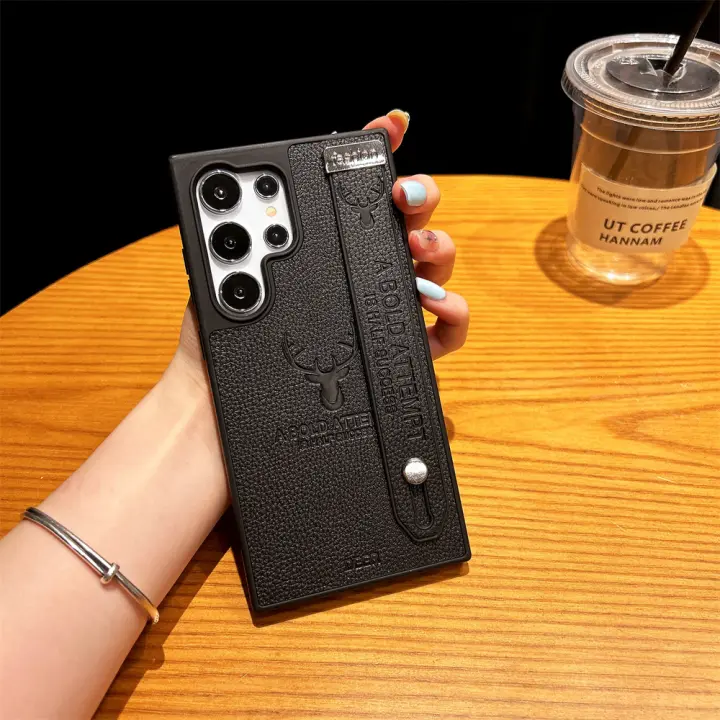 Funda de Teléfono de Cuero Sintético Minimalista para Samsung Protectora de Cámara con Correa de Muñeca - 1