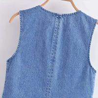 Chaqueta Sin Mangas de Denim Azul de Moda Collantillo en Línea Retro con Cuello en V - details 6