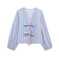 Camisa a rayas de popelina estilo dulce con cuello en V holgado 2025 decorada con lazo, novedades de verano, ropa de mujer - details 1