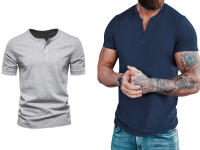 Camiseta de manga corta Henley para hombre, ropa informal de algodón, M-6XL, azul marino, gris claro, paquete de 2 - details 1