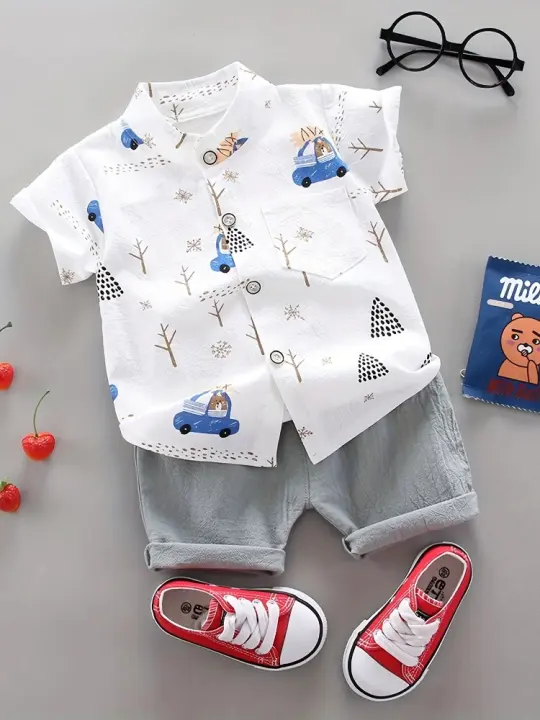 Conjunto de Pantalones Cortos de Manga Corta con Estampado Completo de Osito - 1
