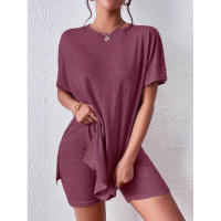 Conjunto de Dos Piezas Cómodo de Color Sólido Manga de Bato, Cuello Redondo, Shorts Ajustados para Mujeres - details 19