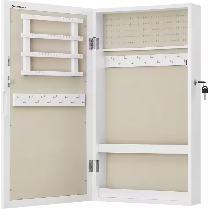 Armario Joyero de Pared, Armario de Joyas con Espejo, Organizador de Joyas para Ahorrar Espacio, Superficie Blanca y Forro Negro JBC51W - 1