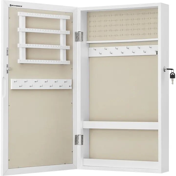 Armario Joyero de Pared, Armario de Joyas con Espejo, Organizador de Joyas para Ahorrar Espacio, Superficie Blanca y Forro Negro JBC51W - 1