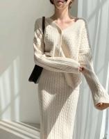 Elegante Conjunto de Falda de Punto Ouwu para Mujer Cardigan de Color Sólido, Cintura Alta, Ajuste Hip, 2 Piezas - details 3