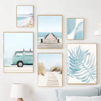 Pinturas Nórdicas de JUBEER en Lienzo para Decoración del Hogar Tema Onda Beach Bridge Wall Art Bus Posters con Hojas de Palma - details 1
