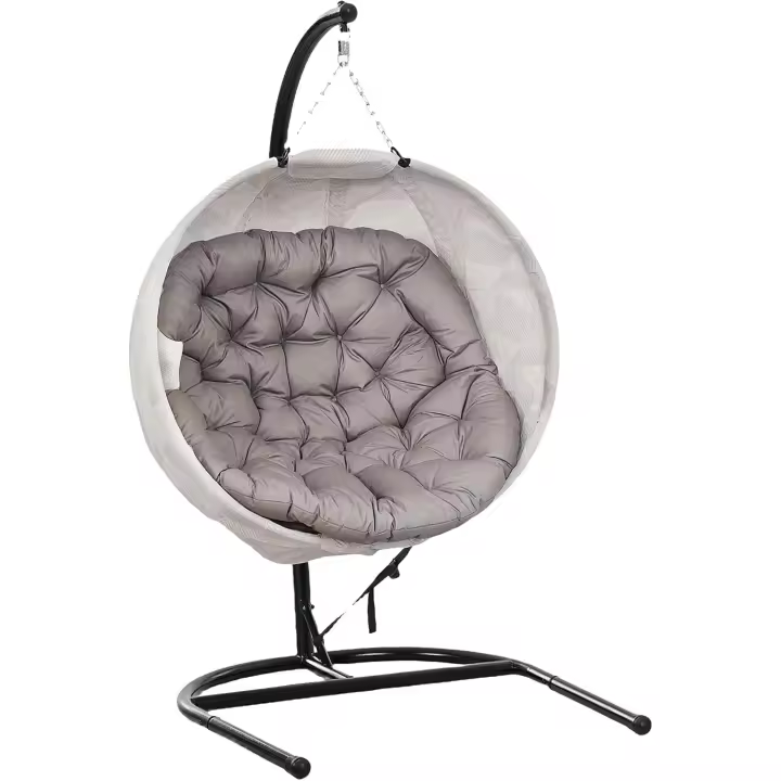 Silla Colgante Huevo con Soporte Columpio de Jardín Exterior con Cesta Plegable de Malla Doble Cojín y Portavasos Columpio Colgante para Interior y Exterior Carga 120 kg Arena y Negro - 1