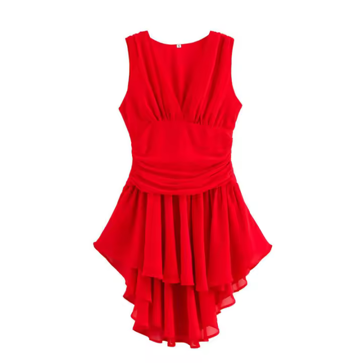 Top de playa de gasa de cintura alta para mujer Vestido corto irregular con cuello redondo en V - 1