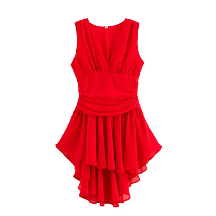 Top de playa de gasa de cintura alta para mujer Vestido corto irregular con cuello redondo en V - 1
