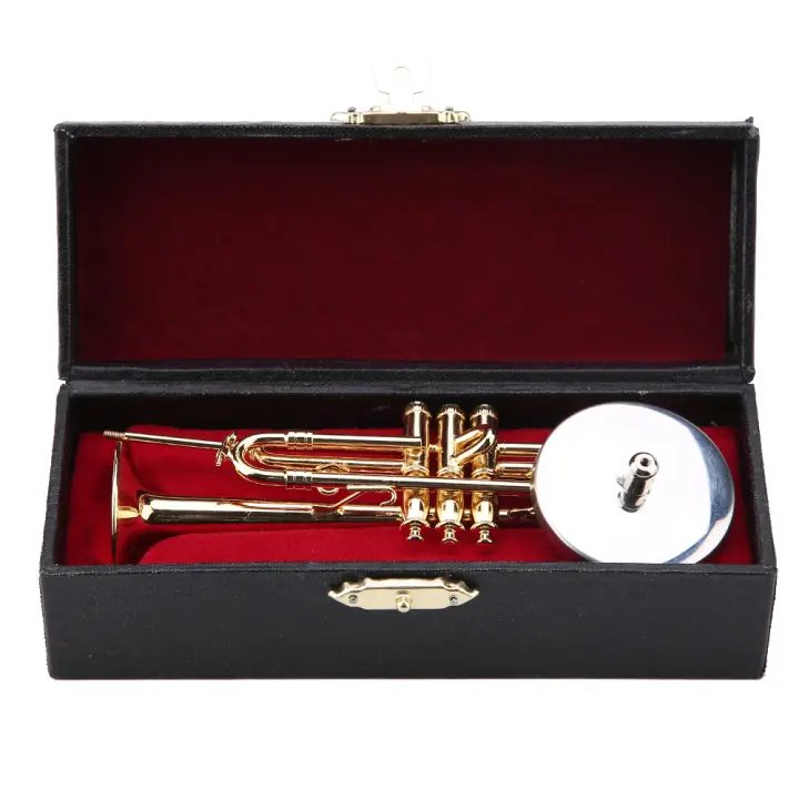 Réplica de trompeta en miniatura con soporte y funda, instrumento chapado en oro, modelo, adornos musicales - 1