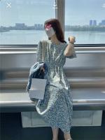 Vestido corpiño con mangas florales frescas para mujer, vestido largo romántico de estilo francés con temperamento suave, tejido de poliéster estampado - details 5