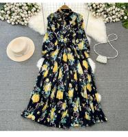Elegante vestido midi de manga larga con corte en A y falda plisada, cintura ceñida, dobladillo de gasa, estampado floral coreano Sle Commute - details 36