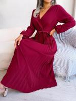 Vestido largo plisado con dobladillo grande para mujer, vestido cruzado de Color liso con cuello en V, moda de primavera y verano - details 26