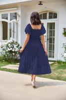 Vestido de manga corta fruncido con cuello cuadrado y espalda descubierta a la moda para mujer - details 31