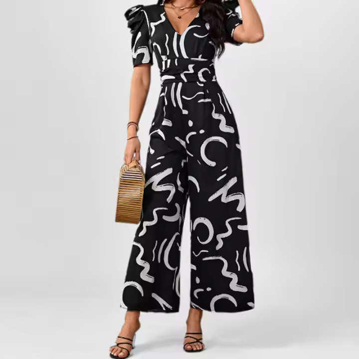 Mono de pierna ancha con cintura y cuello en V personalizado, estilo a la moda, primavera 2025 - 1
