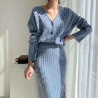 Elegante Conjunto de Falda de Punto Ouwu para Mujer Cardigan de Color Sólido, Cintura Alta, Ajuste Hip, 2 Piezas - details 9