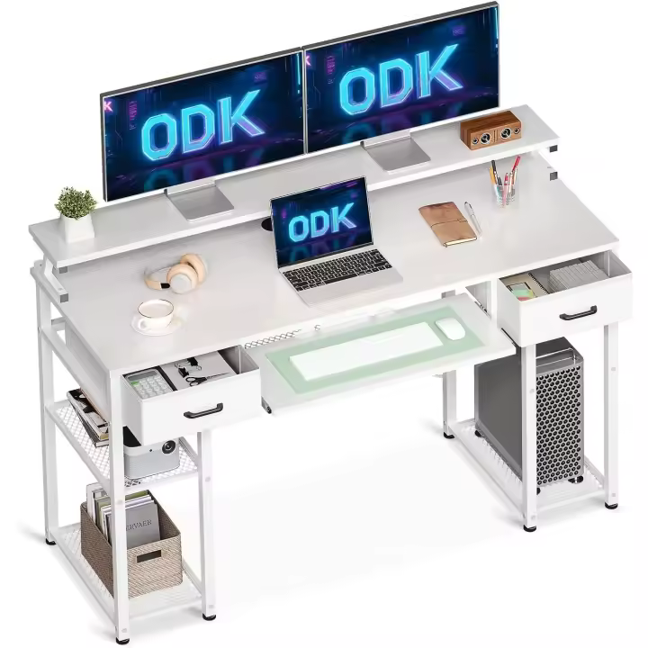 Ordenador, Escritorio con 2 Cajones y Bandeja para Teclado, Escritorio de Oficina con Soporte para Monitor, Mesa de Escritorio con Estante Reversible para Oficina (Blanco) - 1