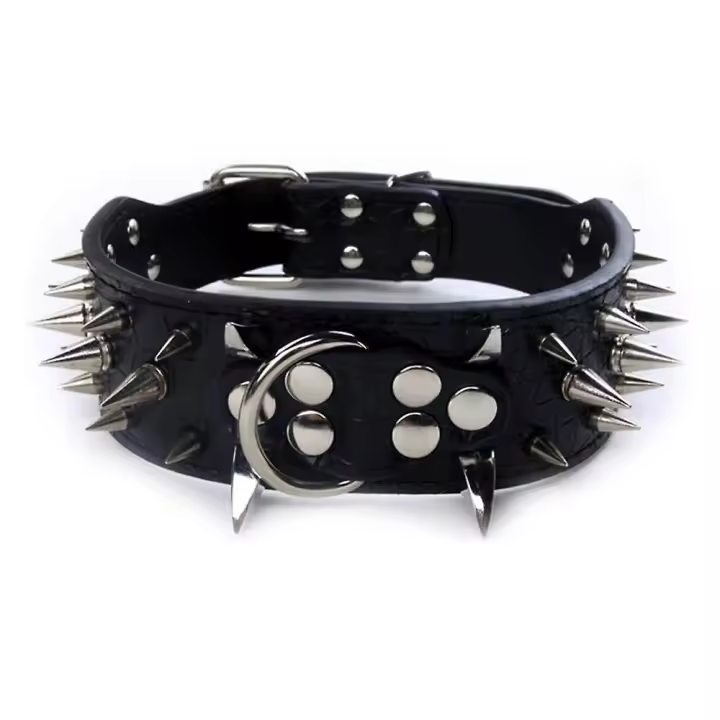 Collar de perro con tachuelas y puntas afiladas de cuero de lujo de ancho, collar para perros anti-mordida-negro - 1