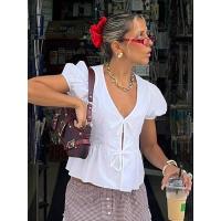 Rockmoer-Blusa Kawaii Peplum para mujer, blusas blancas de verano con mangas cortas con lazo y cuello en V, paridad frontal, campaña - details 5