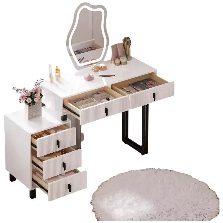 Mueble de Maquillaje Irregular con Espejo Regulable la Luz, 2 Cajones y 1 Cómodo Madera y Metal - 1