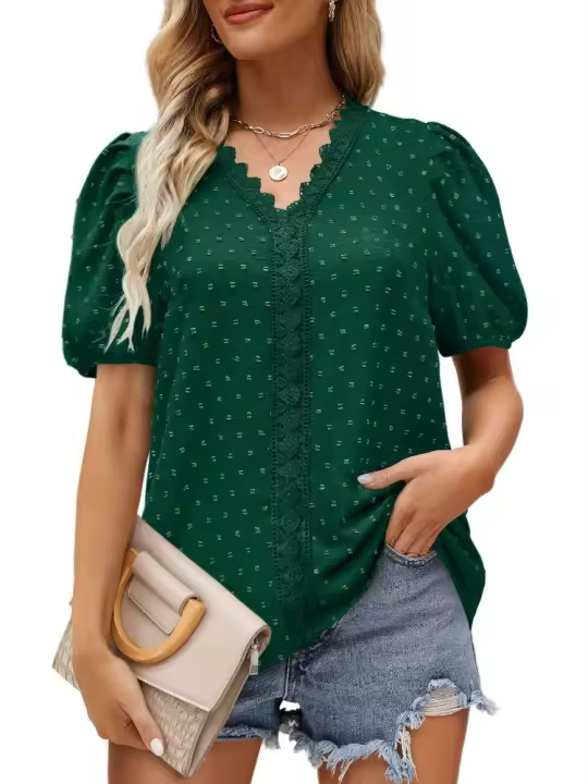 2025 verano nuevo empalme de encaje lunares camisa de manga corta camisa de mujer top ropa de mujer - 1