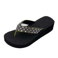 Zapatillas de las chanclas de las mujeres negras del talón de cuña de la decoración del diamante artificial de la moda - details 0