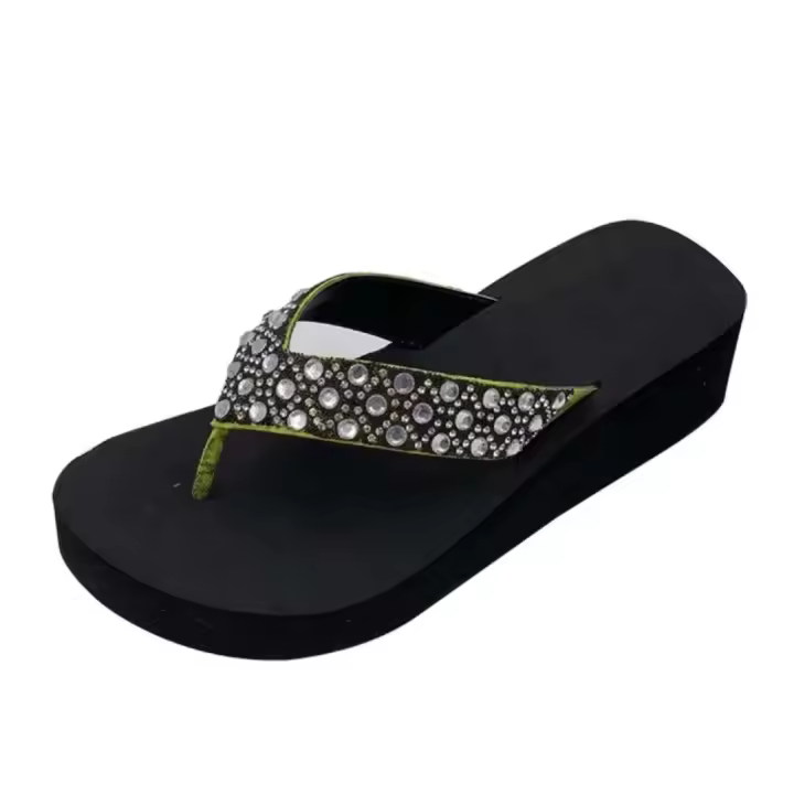 Zapatillas de las chanclas de las mujeres negras del talón de cuña de la decoración del diamante artificial de la moda - 1