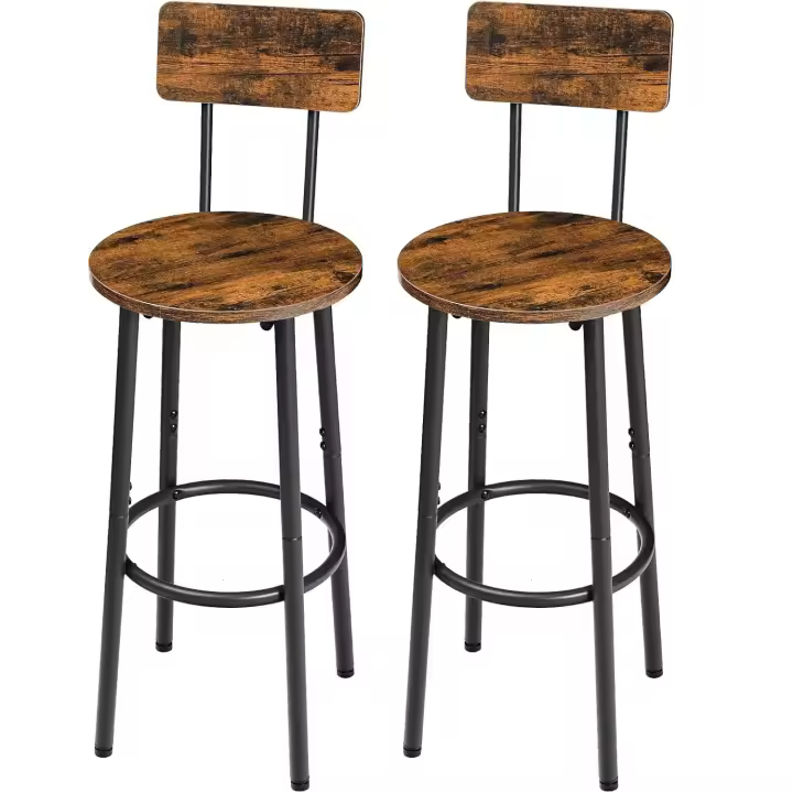 Juego de dos taburetes de bar con respaldo, taburete con reposapiés, silla alta para cocina, salón, bar, patas ajustables, fácil montaje, color vintage marrón y negro - 1