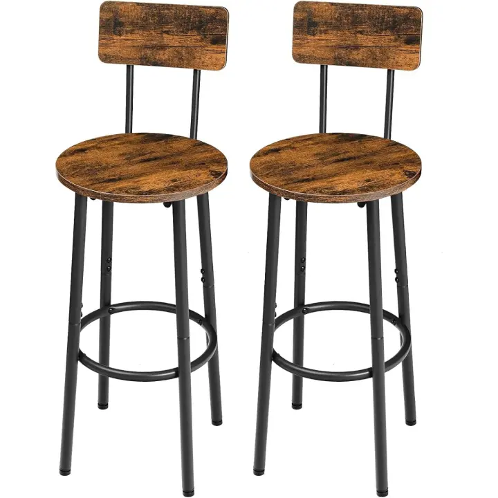 Juego de dos taburetes de bar con respaldo, taburete con reposapiés, silla alta para cocina, salón, bar, patas ajustables, fácil montaje, color vintage marrón y negro - 1