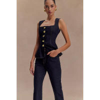 Conjunto de pantalones y top de mezclilla con cintura con botones de estilo moderno a la moda para mujer 30857 - details 3