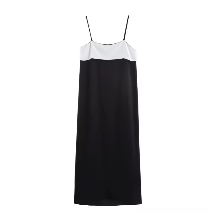 PB & ZA2025satin textura contraste color temperamento suelto casual vestido con tirantes novedad de verano ropa de mujer - 1