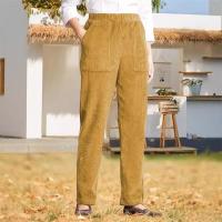 Nuevos pantalones casuales de pierna recta de pana con cintura elástica de Color sólido para mujer - details 3