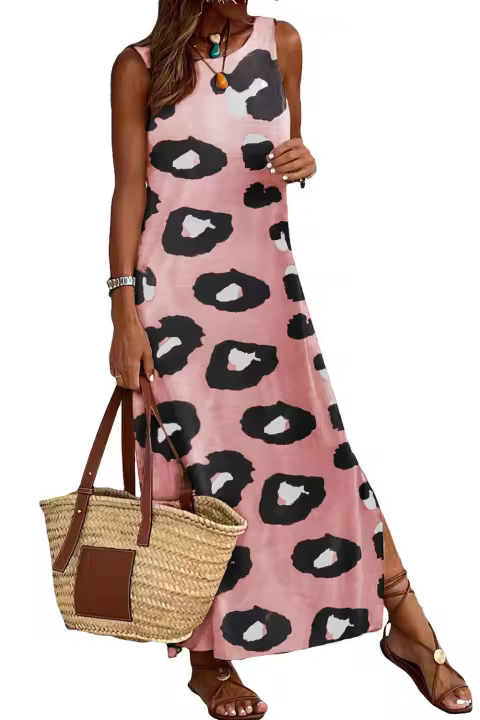 Vestido sin mangas con abertura lateral para mujer, estampado de leopardo, falda larga suelta, estampado animal - 1
