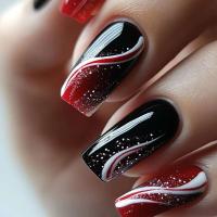24 piezas de degradado negro y rojo rectangular medio, diseño de línea artística, uñas postizas terminadas, esmalte de uñas - details 0