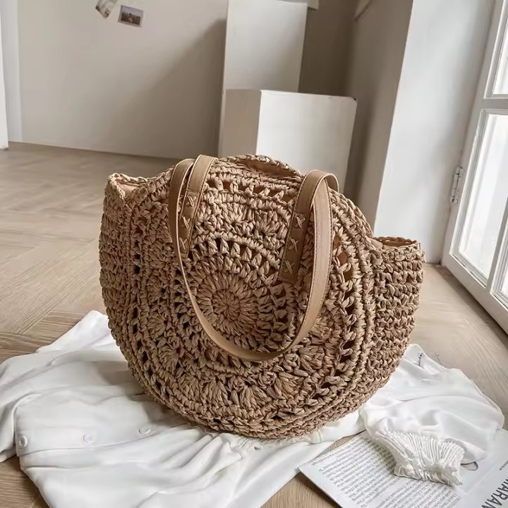 Bolso redondo de paja para mujer, bolsa de hombro de gran capacidad, tejido hueco, informal, ideal para ir de compras - 1