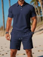Traje casual de verano para hombre: polo ligero de manga corta para golf y pantalones cortos con cordón de color sólido con bolsillos - details 0