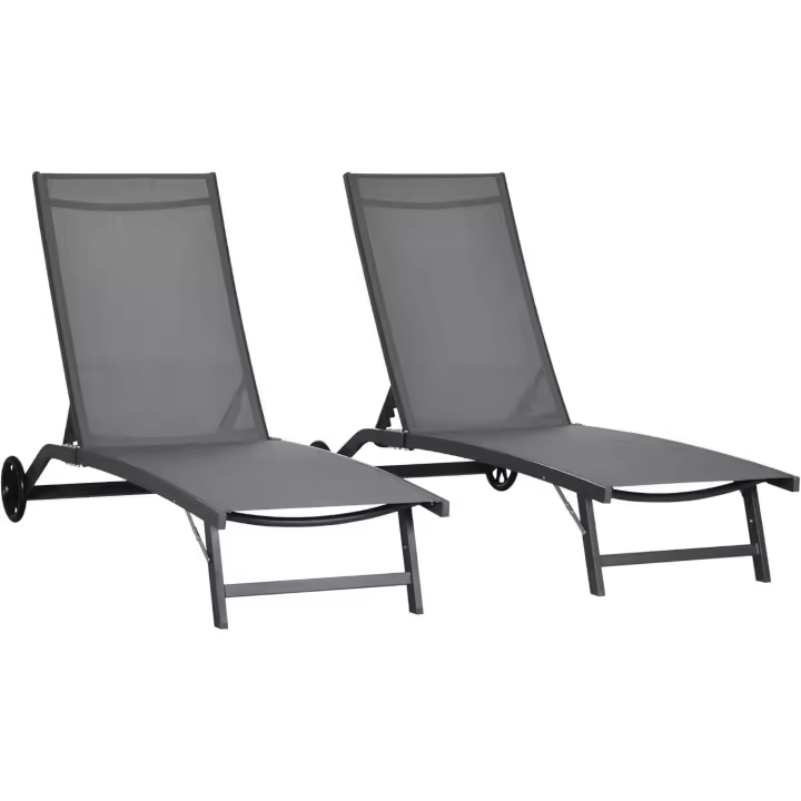 Pack de 2 Sillas de Jardín Exterior de Aluminio Reclinables, Ajustables de 5 Niveles, Ruedas, Para Playa y Piscina 165x66x102 cm, Gris Oscuro - 1