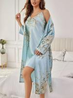 Conjunto de traje casual floral de satén de seda, bata con cinturilla, pijama, conjunto de ropa de dormir de dos piezas para todas las estaciones - details 30