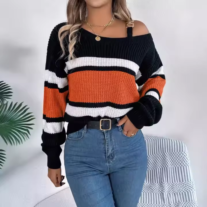 Suéteres con estampado rayas informales mujer, jerséis, prendas de punto a la moda para mujer - 1