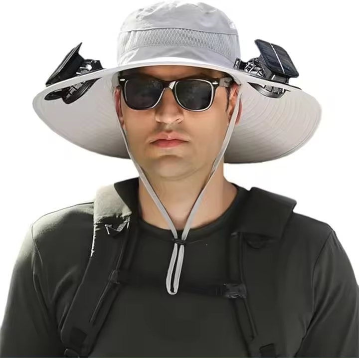 Sombrero de ala ancha con ventilador solar para hombre, sombrero de pesca al aire libre con ventilador solar y carga USB - 1
